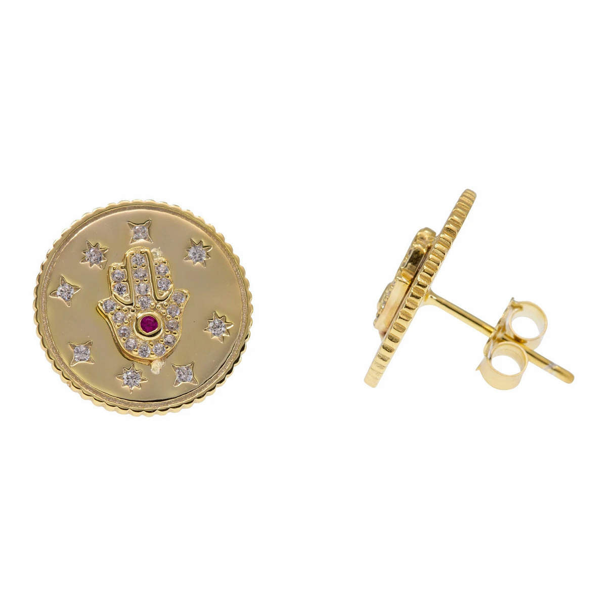Enlightened Golden Disk Hamsa Paired Studs